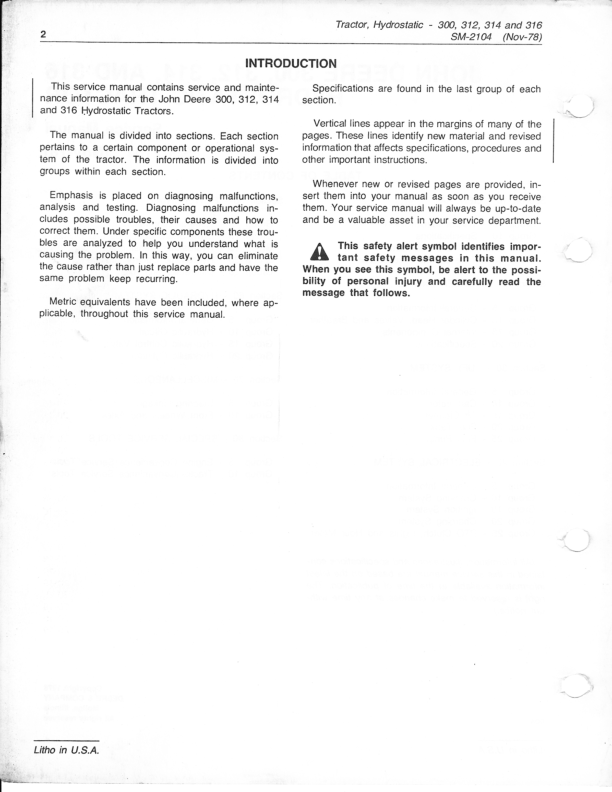 John Deere 300 312 314 316 Tractor Service Manual SM2104 - Image 3