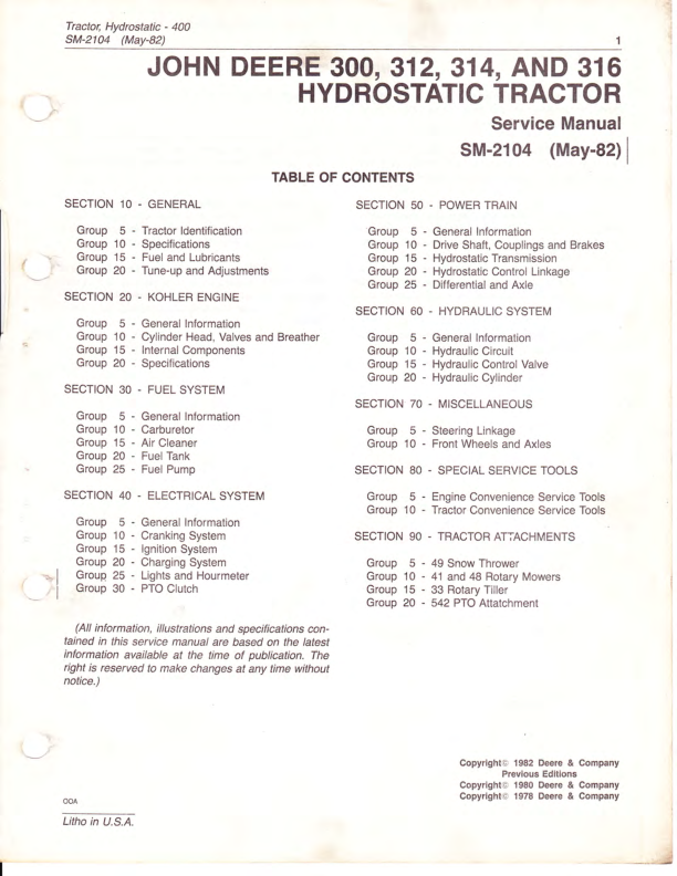 John Deere 300 312 314 316 Tractor Service Manual SM2104 - Image 4