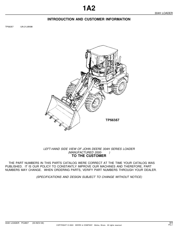 John Deere 304H Wheel Loader Parts Catalog PC2807-00 - Image 2