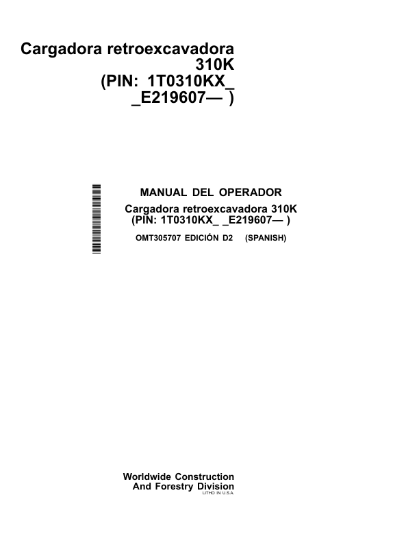 John Deere 310K Backhoe Loader Operators Manual OMT305707-D2 ES - Image 2