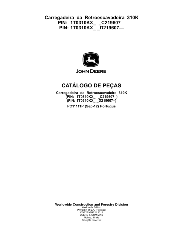 John Deere 310K Backhoe Loader Parts Catalog PC11111P-12 PT - Image 2