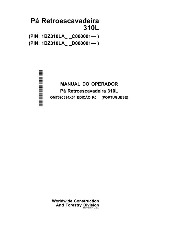 John Deere 310L Backhoe Loader Operators Manual OMT390394X54-K0 PT - Image 2
