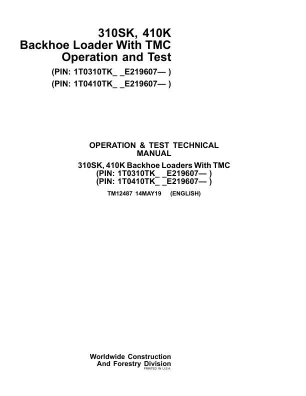 John Deere 310SK 410K Backhoe Loader with TMC Operation and Test Service Manual TM12487 - Image 2