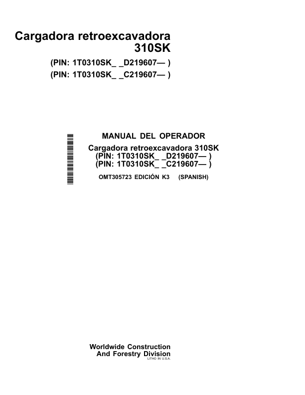John Deere 310SK Backhoe Loader Operators Manual OMT305723-K3 ES - Image 2