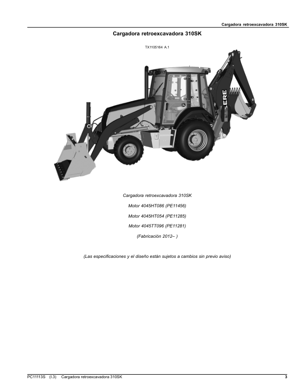John Deere 310SK Backhoe Loader Parts Catalog PC11113S ES - Image 3