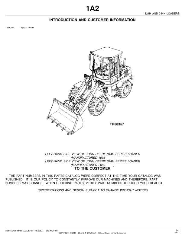 John Deere 324H 344H Wheel Loader Parts Catalog PC2687 - Image 2