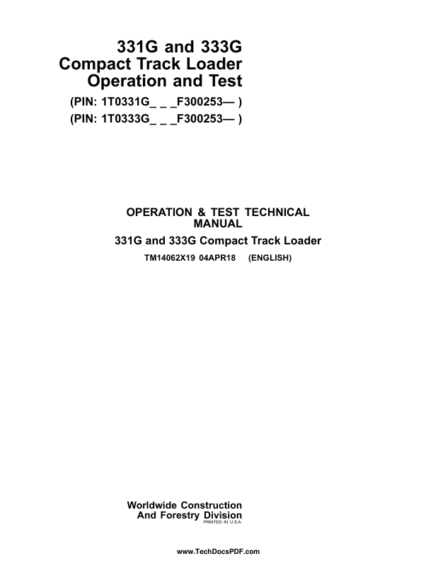 John Deere 331G 333G Compact Track Loader Operation and Test Service Manual TM14062X19 - Image 2