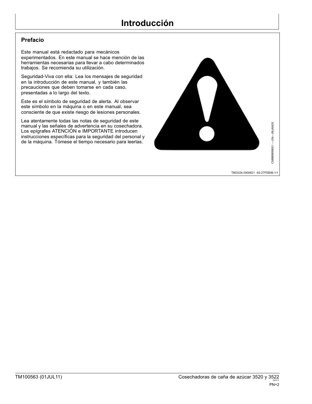 John Deere 3520 3522 Sugarcane Harvester Service Manual TM100563-11 ES - Image 3