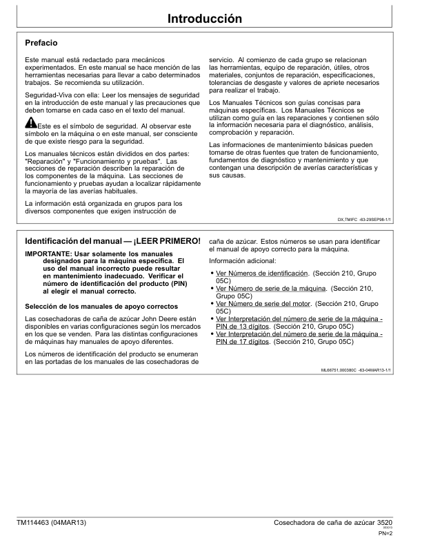 John Deere 3520 Sugarcane Harvester Diagnostic and Test Service Manual TM114463-13 ES - Image 3