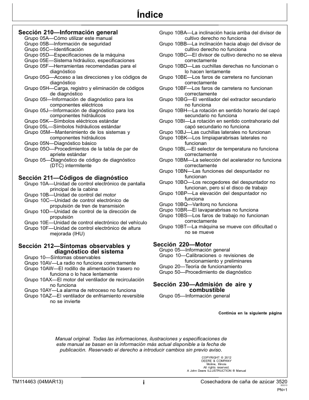 John Deere 3520 Sugarcane Harvester Diagnostic and Test Service Manual TM114463-13 ES - Image 5