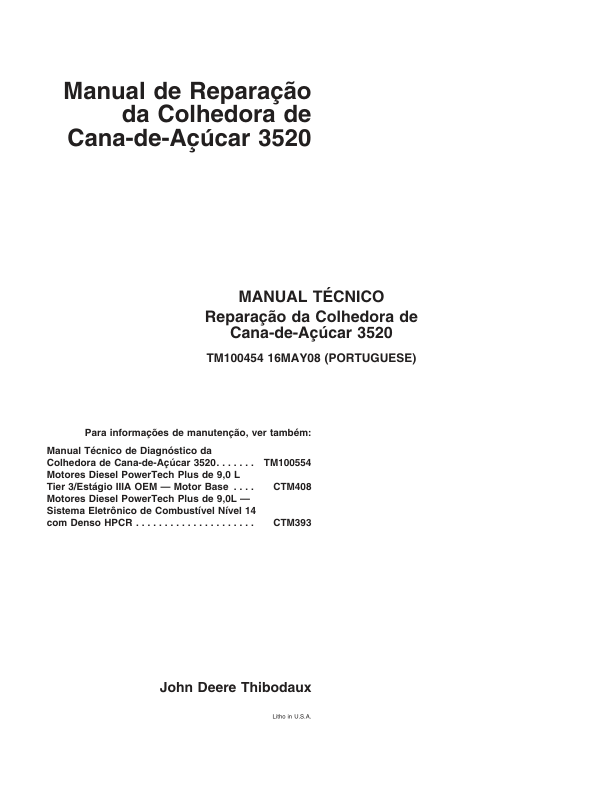 John Deere 3520 Sugarcane Harvester Repair Manual TM100454 PT - Image 2