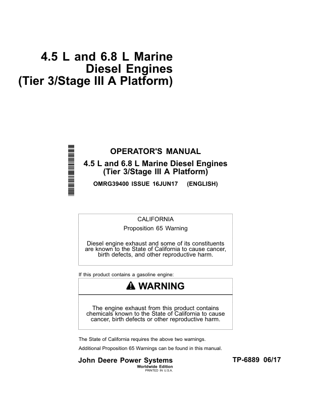 John Deere 4.5 L 6.8 L Tier 3 Stage III A Platform Engine Operators Manual OMRG39400 - Image 2