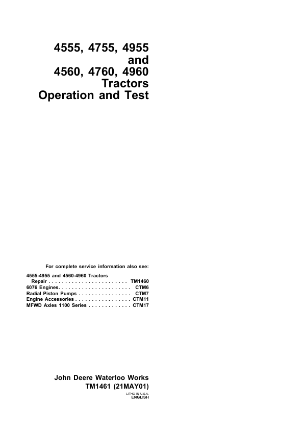 John Deere 4555 4755 4955 4560 4760 4960 Tractor Operation and Test Service Manual TM1461 - Image 2