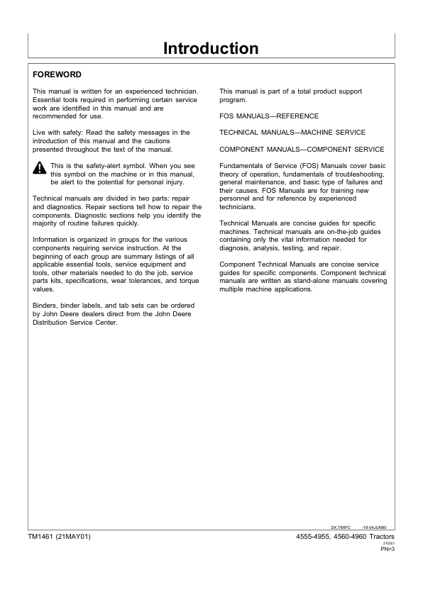 John Deere 4555 4755 4955 4560 4760 4960 Tractor Operation and Test Service Manual TM1461 - Image 3