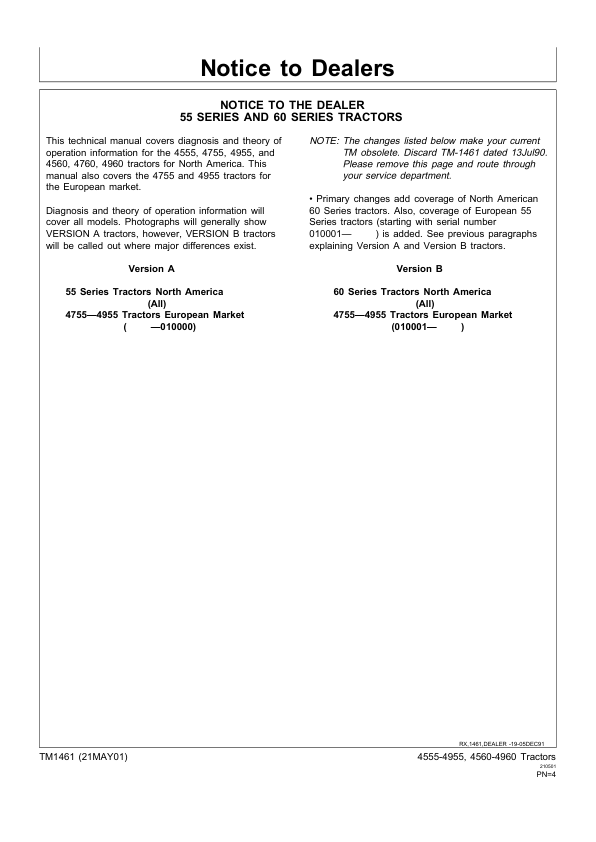 John Deere 4555 4755 4955 4560 4760 4960 Tractor Operation and Test Service Manual TM1461 - Image 4