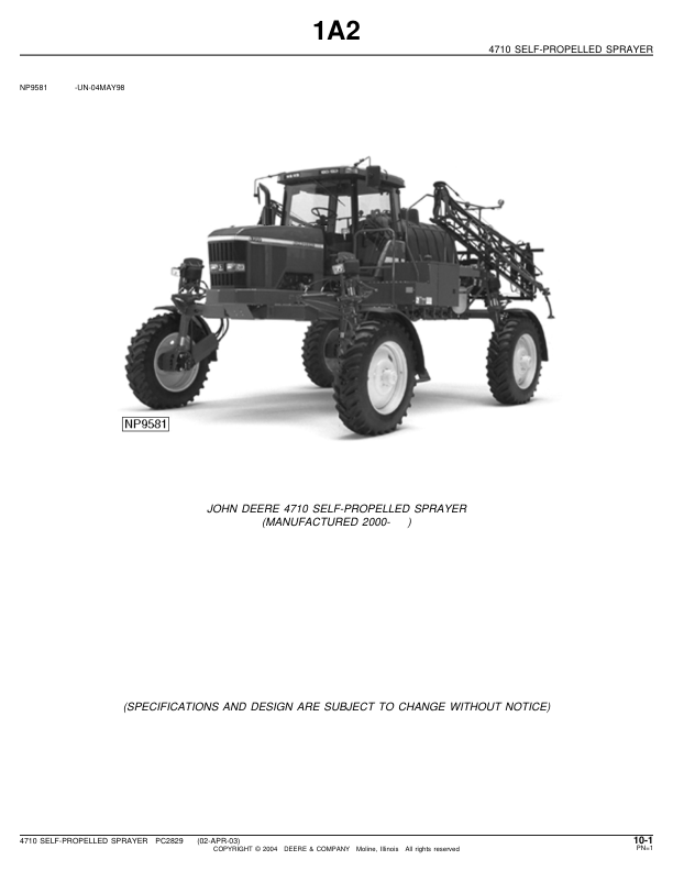 John Deere 4710 Sprayer Parts Catalog 2000- PC2829 - Image 2