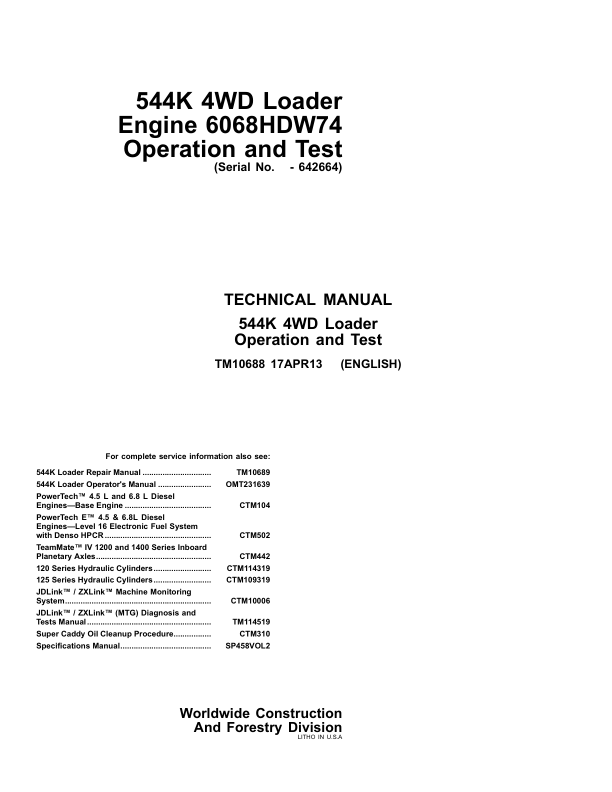 John Deere 544K 4WD Loader Operation and Test Service Manual TM10688 - Image 2
