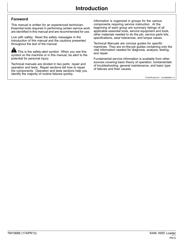 John Deere 544K 4WD Loader Operation and Test Service Manual TM10688 - Image 3