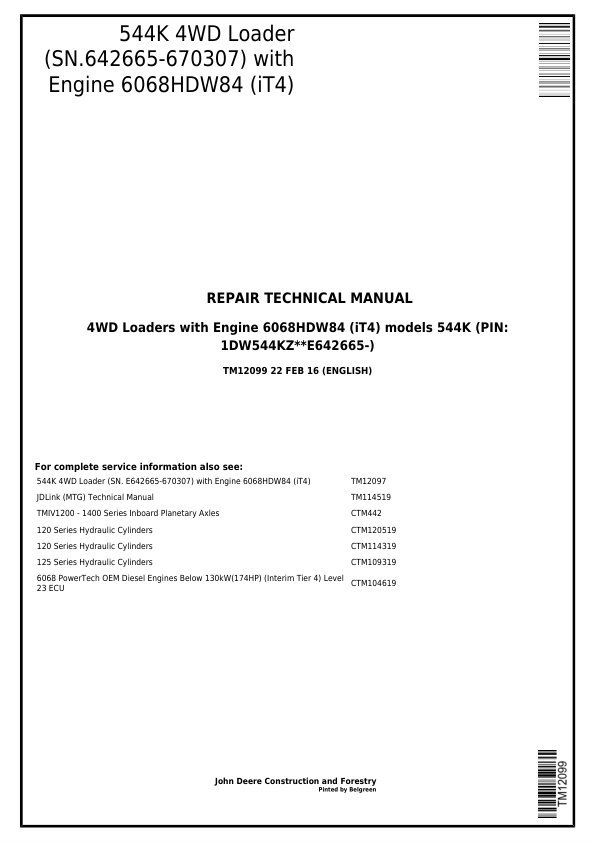 John Deere 544K 4WD Loader Repair Manual TM12099 - Image 2