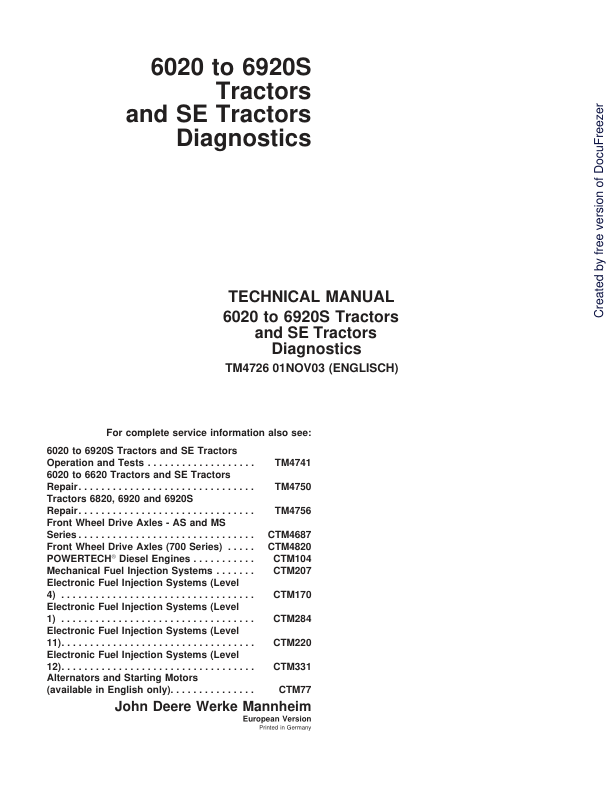 John Deere 6020 6920S Tractor Diagnostics and Service Manual TM4726 - Image 2