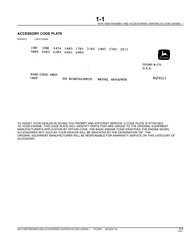 John Deere 6076 Engine Parts Catalog SN 500000 and UP PC230 - Image 4