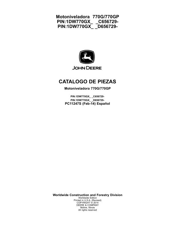 John Deere 770G 770GP Grader Parts Catalog PC11247S ES - Image 2