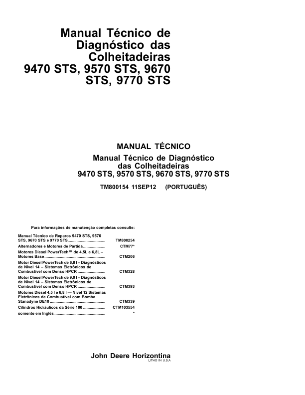 John Deere 9470 9570 9670 9770 STS Combine Harvester DIagnostic Service Manual TM800154 PT - Image 2
