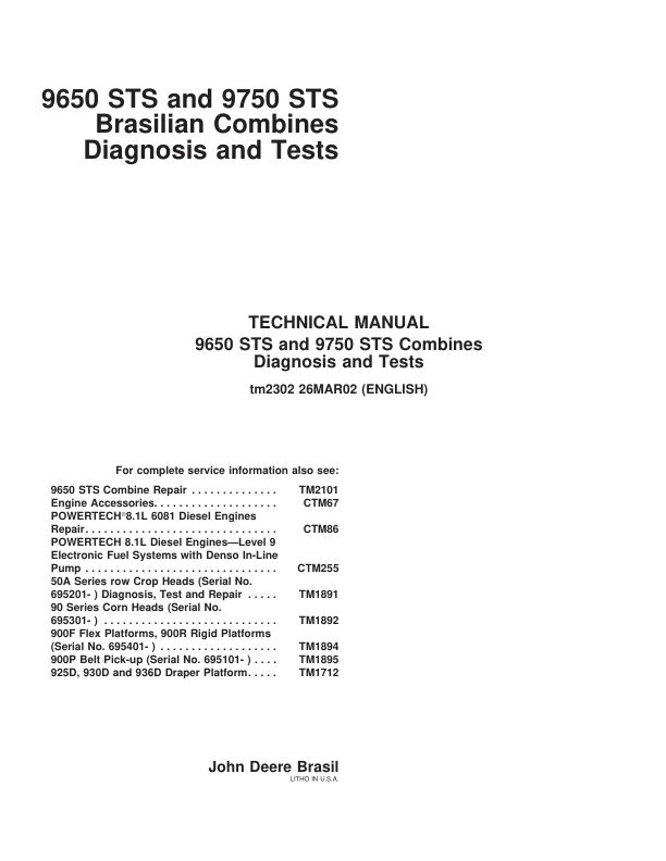 John Deere 9650 9750 STS Combine Harvester Diagnosis and Tests Service Manual TM2302 - Image 2