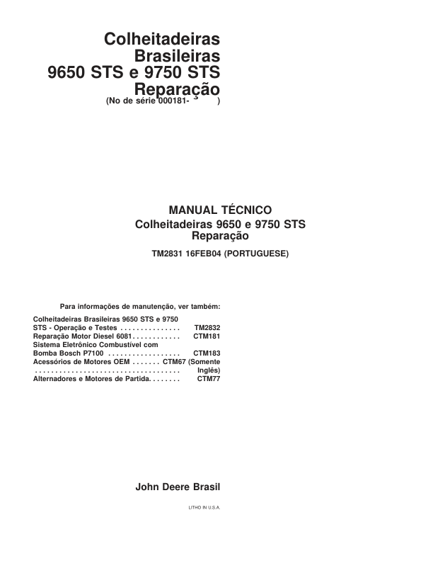 John Deere 9650 9750 STS Combine Harvester Repair Manual SN 000181 and UP TM2831 PT - Image 2