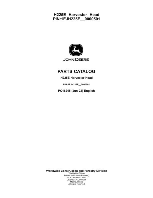 John Deere H225E Processing Head Parts Catalog PC16245 - Image 2
