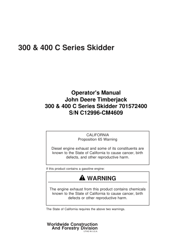 John Deere Timberjack 300 400C Series Skidder Operators Manual SN C12996 and UP CM4609 - Image 2