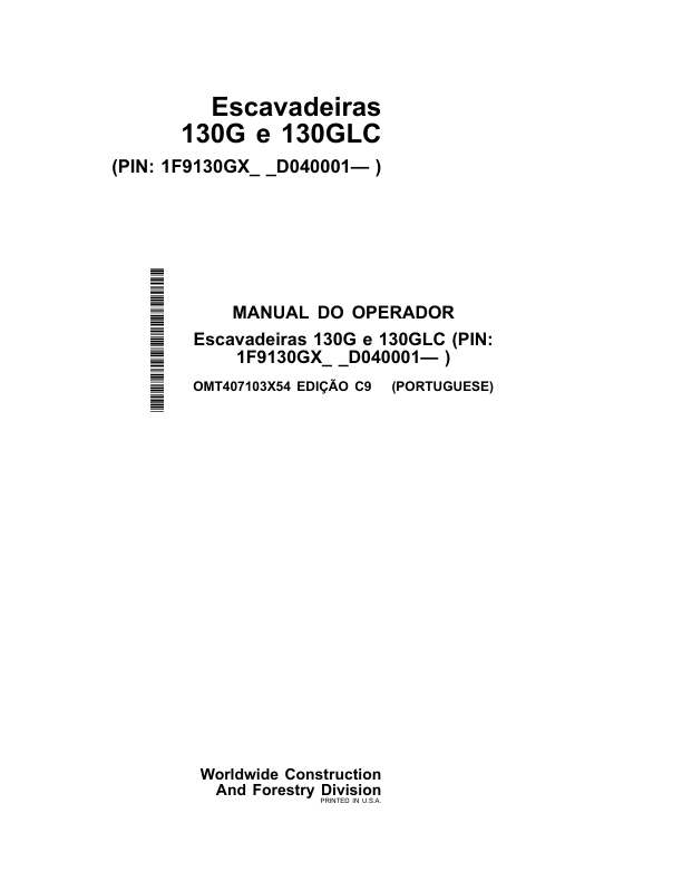 John Deere130G 130GLC Excavator Operators Manual OMT407103X54 PT - Image 2