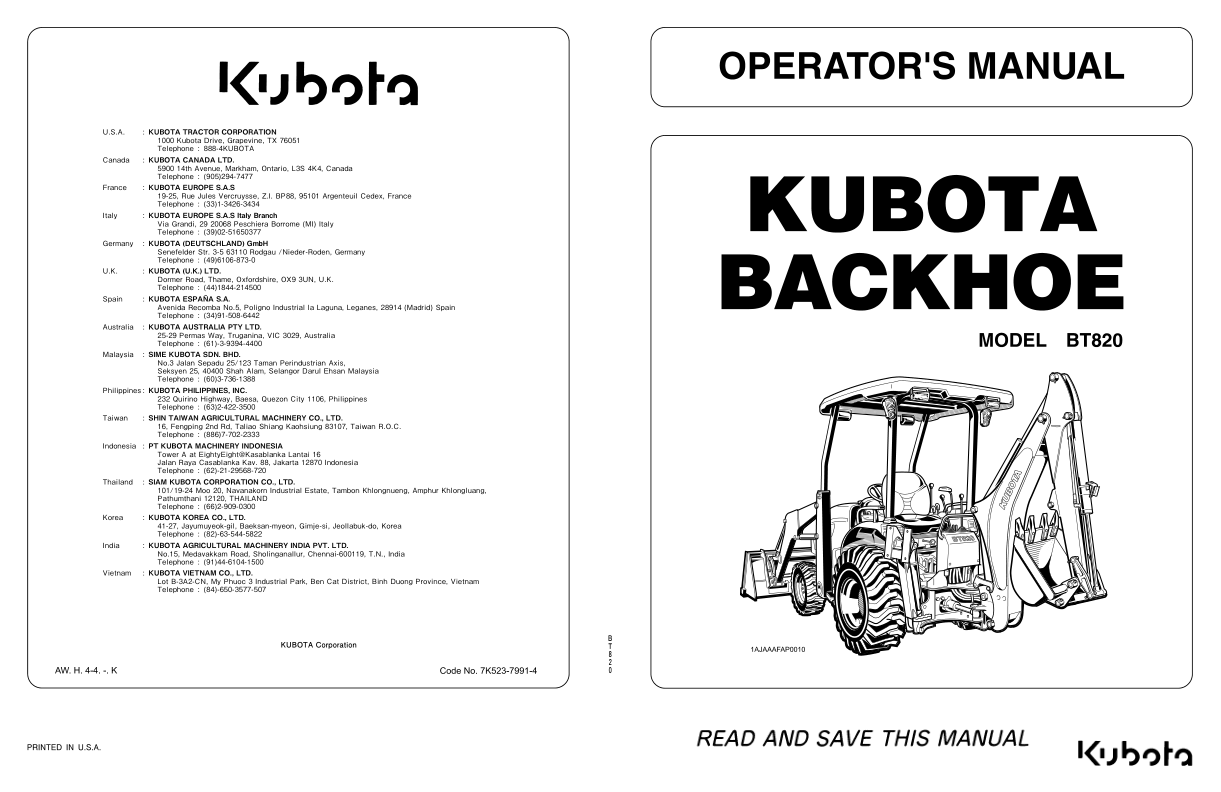 Kubota BT820 Backhoe Operators Manual - Image 2
