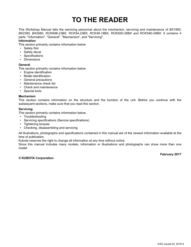 Kubota BX RCK BX Series Tractor Mower Workshop Manual - Image 3