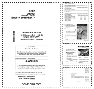 John Deere 524K Wheel Loader with 6068HDW74 Engine Operators Manual OMT231637-G3