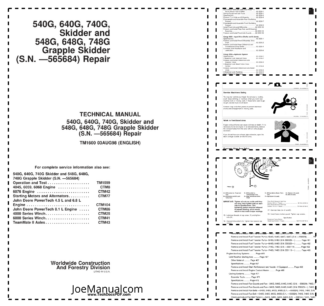 John Deere 540G 640G 740G 548G 648G 748G Skidder and Grapple Skidder Repair Manual TM1600