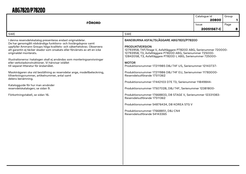 Volvo ABG7820 P7820D Tracked Paver Parts Catalog SN 7200000-725000 20051567C - Image 2