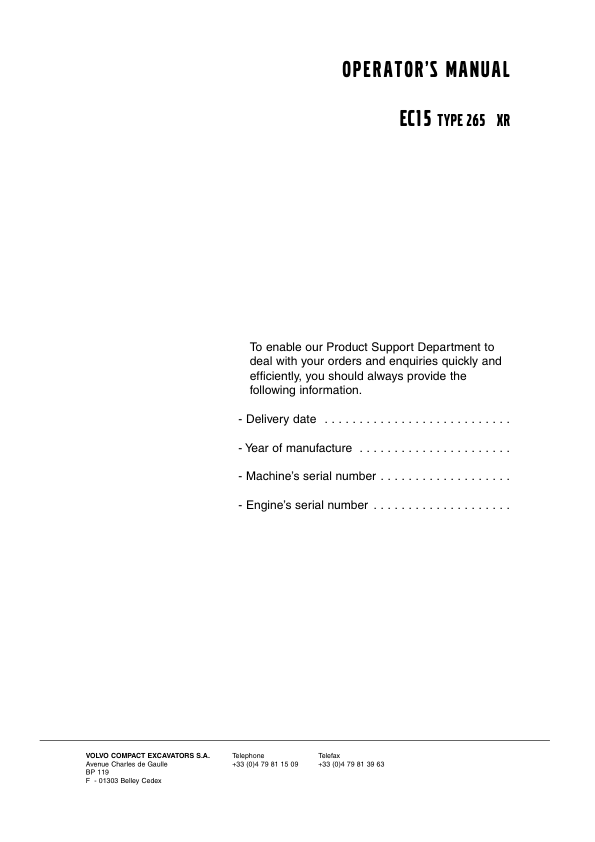 Volvo EC15 Type 265 XR Excavator Operators Manual E5400456GB - Image 2