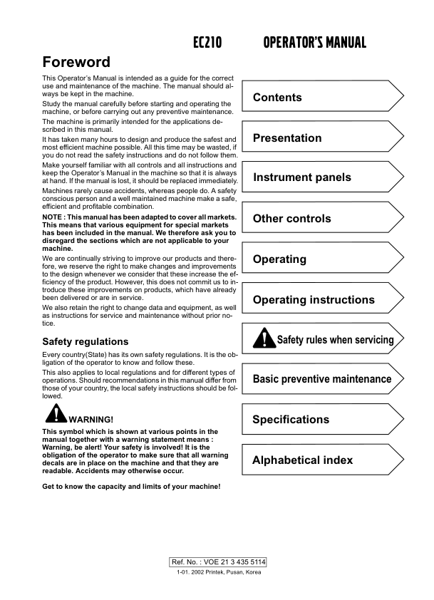 Volvo EC210 Excavator Operators Manual VOE2134355114H - Image 2
