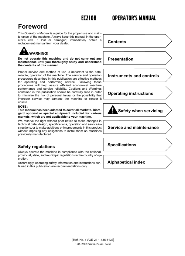 Volvo EC210B Excavator Operators Manual 2114355133 - Image 2