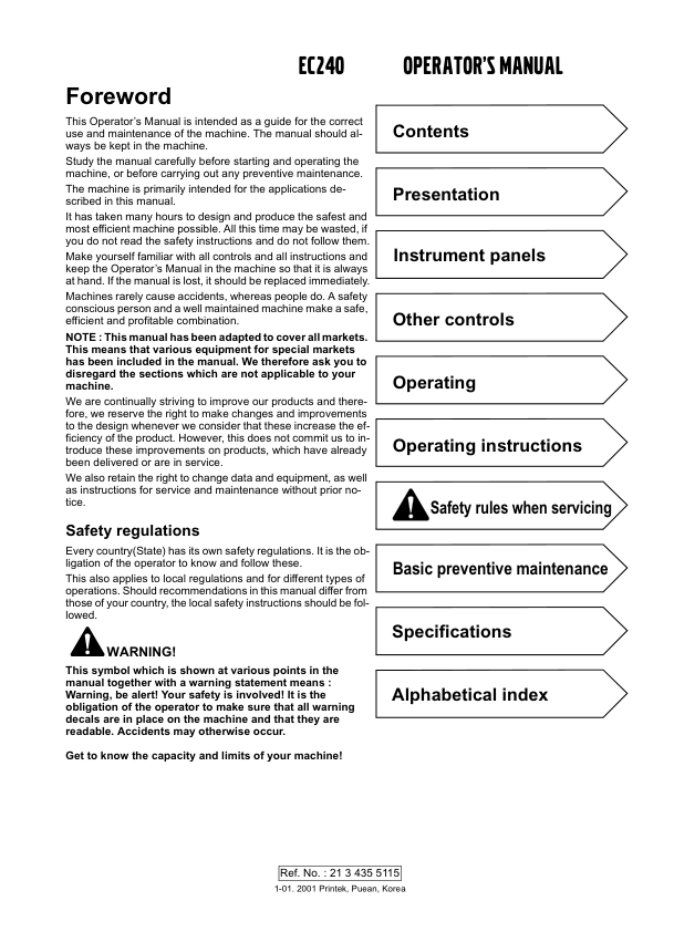 Volvo EC240 Excavator Operators Manual 2134355115 - Image 2