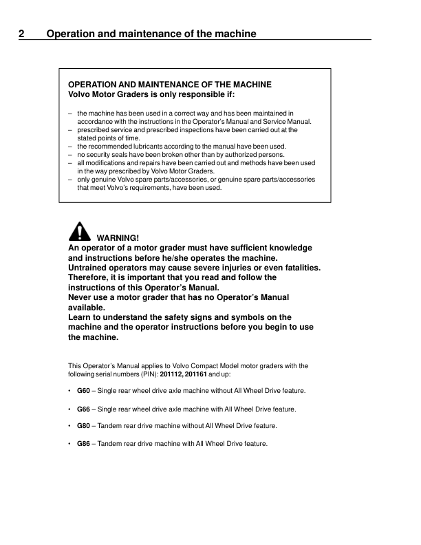 Volvo G60 G66 G80 G86 Grader Operators Manual SN 201112 21161 and UP - Image 5