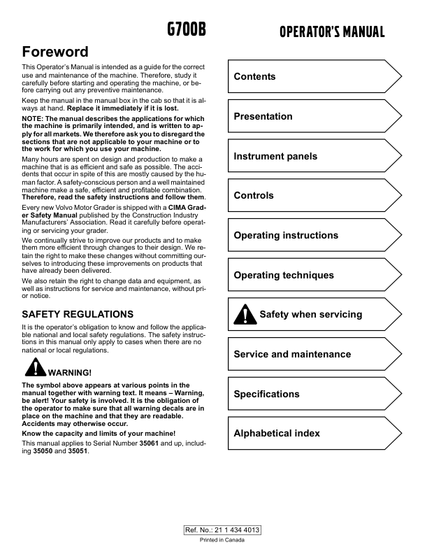 Volvo G700B Grader Operators Manual VOE2114344013H - Image 2