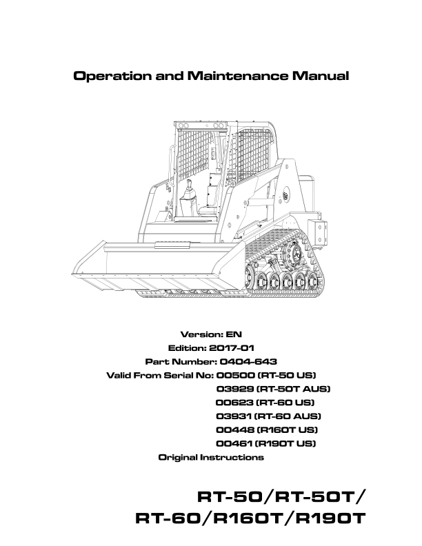 asv RT-50 RT-50T RT-60 R160T R190T Rubber Track Loader Operation and Maintenance Manual - Image 2